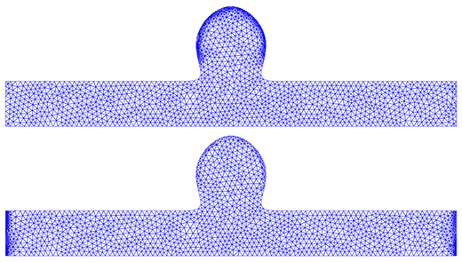 Optimal meshes when optimising for shear (top) and normal (bottom) stresses.