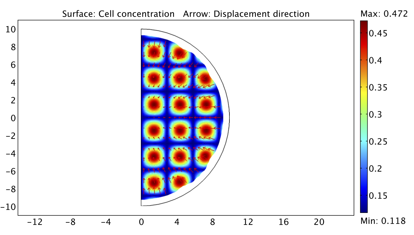 Heterogeneous cell-ECM traction due to a non-uniform distribution of tumour cells.